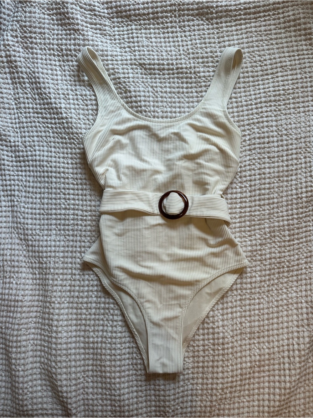 H&M Cream Ribbed Belted One-Piece
